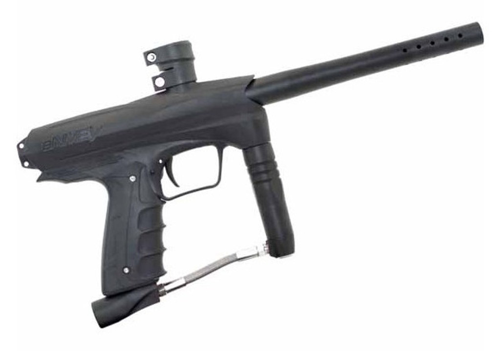 A paintball gun with a black body and a long barrel, used for playing paintball.