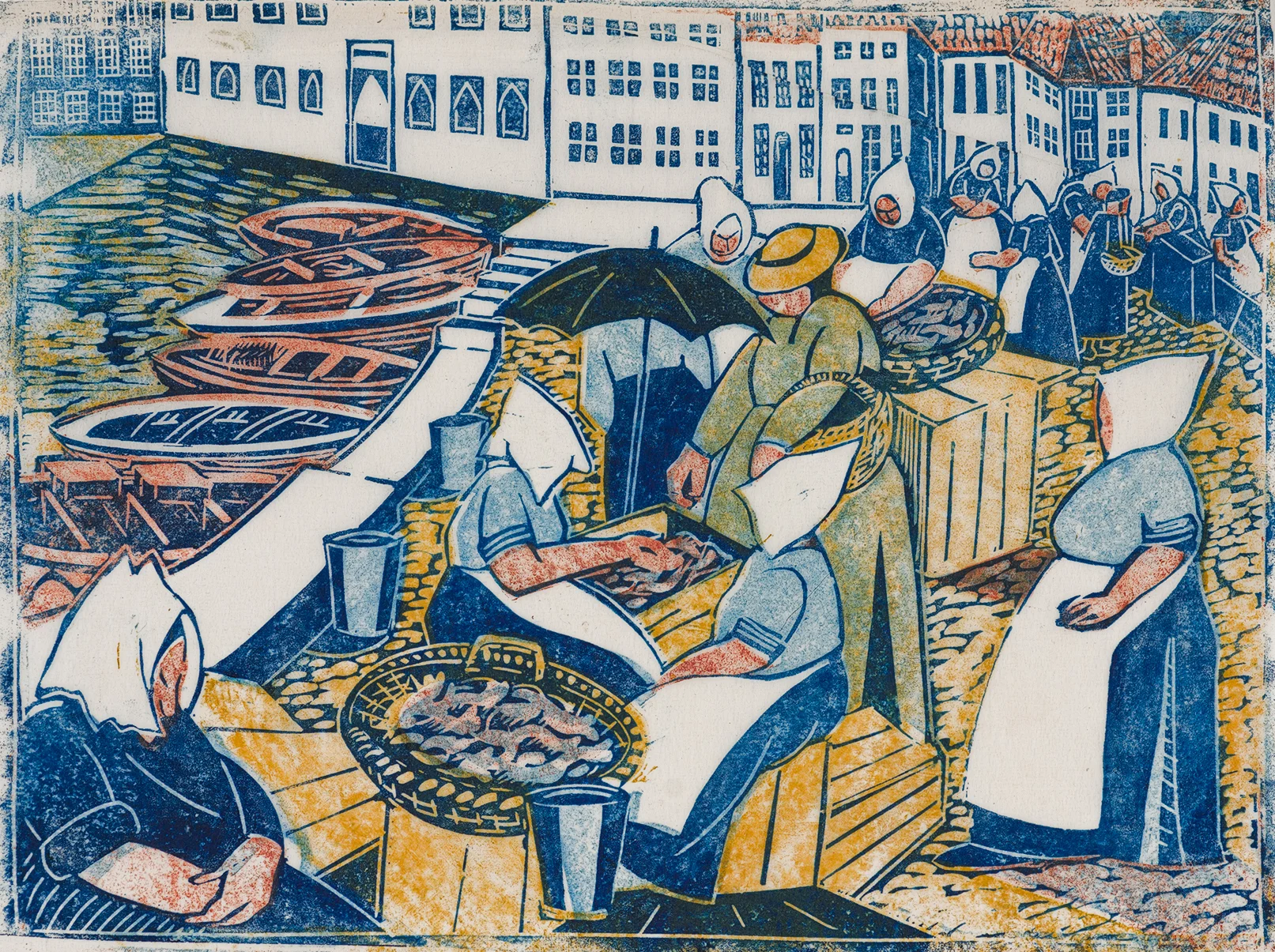 Astrid Meyer Fishwives An impression printed on very thin Japan paper. Astrid Meyer studied at the Grosvenor School of Modern Art in London and exhibited in linocut exhibitions organised by Claude Flight during the 1930s. The scene depicted is Dutch and is probably somewhere like Veere, a picturesque fishing village in Zeeland, Holland, where Flight and several of his followers visited. Image size : 20.5 x 27.4 cm (8.07 x 10.79 in) Sheet size : 26.8 x 31.6 cm (10.55 x 12.44 in) £6,000