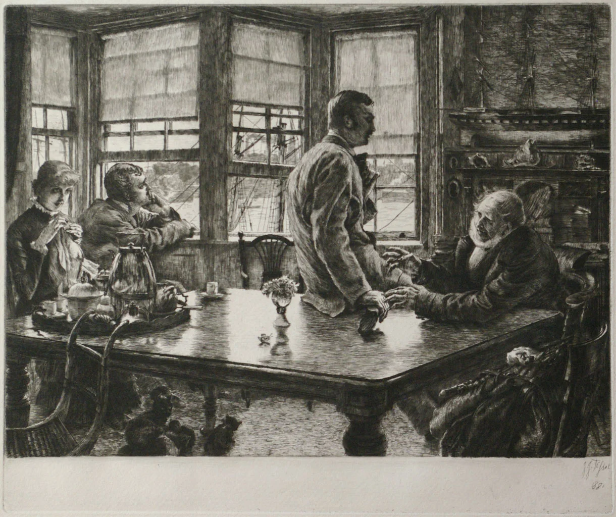 James Jacques Joseph Tissot (1836 -1902) The Parable of the Prodigal Son according to St. Luke Etchings, 1882 Wentworth 57 - 61, second state of two The complete set of etched frontispiece plus four etched plates: "The Departure", "In Foreign Climes", "The Return", and "The Fatted Calf". Unbound as issued. From the second state printing of 400, according to Wentworth. Image size : 31.0 x 37.0 cm (12.2 x 14.57 in) Sheet size : 33.0 x 40.0 cm (12.99 x 15.75 in) 