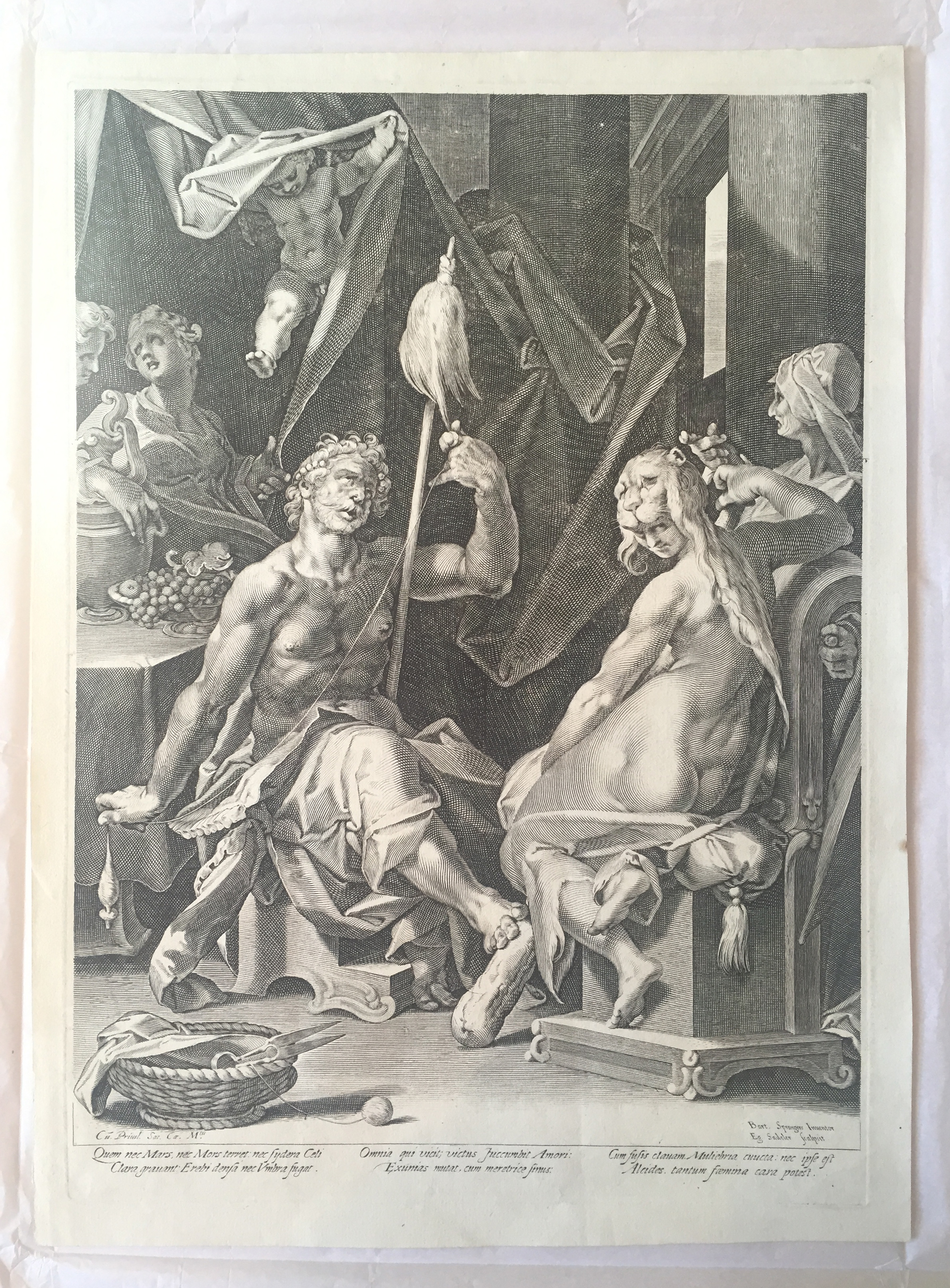 Aegidius Sadeler II (1570 - 1629) Hercules spinning (on the left) and Omphale Engraving, c. 1600 Hollstein (Dutch & Flemish) 106, Vol. XXI-XXII; Wurzbach 68 After the Flemish painter, Bartholomeus Spranger (1546 - 1611). Image Size : 41.2 x 31.3cm (16.2 x 12.3in) Sheet Size : 47 x 34.7cm (18.5 x 13.7in) Note According to legend, Omphale was queen of the kingdom of Lydia in Asia Minor and widow of Timolus, the oak-clad mountain king who was gored to death by a bull. After his death she continued to reign on her own and, in her best-known myth, became the mistress of the hero Hercules who was sentenced to a year of servitude to her as punishment for murder. Over the centuries, this is a scenario that has offered writers and artists opportunities to explore erotic themes, inherently a comic inversion of gender roles of the period, with references to Hercules being forced to do women's work and even wear women's clothing. In Sadeler's engraving, Hercules is forced to hold a basket of wool while Omphale and her maidens do their spinning. Adding further salt to the wound, Omphale wears the skin of the Nemean Lion and carries Heracles' olive-wood club. After some time, Omphale freed Hercules and took him as her husband. Egidius Sadeler or Aegidius Sadeler was an engraver from the Southern Netherlands active at the court of Rudolf II, Holy Roman Emperor in Prague. He was born in Antwerp in a Sadeler family of engravers. Impressions of this subject are held in museum collections around the world, including the Rijksmuseum in The Netherlands. £1,200