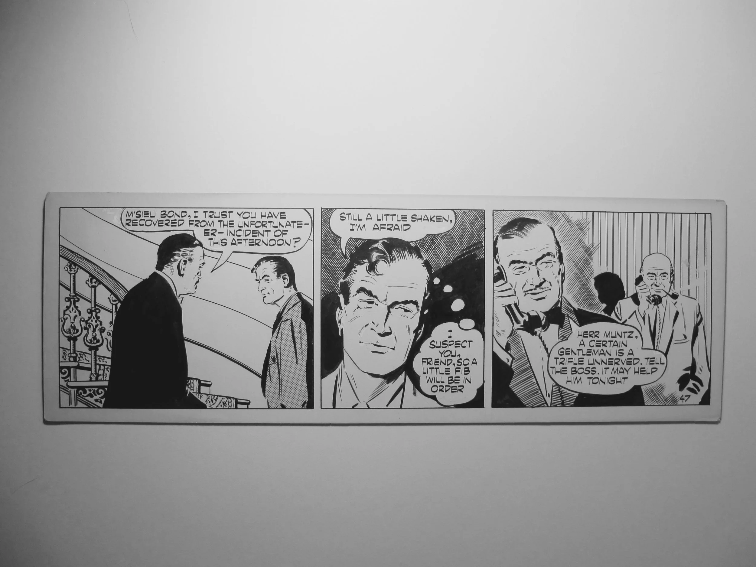 John McLusky (1923-2006) Casino Royale Ink drawing, 1958 One of the original strips created by John McLusky for Casino Royale. The first Bond novel to be adapted as a comic strip. McLusky worked alongside Anthony Hearn to create the first syndicated series of James Bond's adventures. The series ran between 7 July, and 13 December, 1958, in the Daily Express, a British newspaper. Sheet size: 46.0 x 13.0 cm (18.1 x 5.1 in) £550