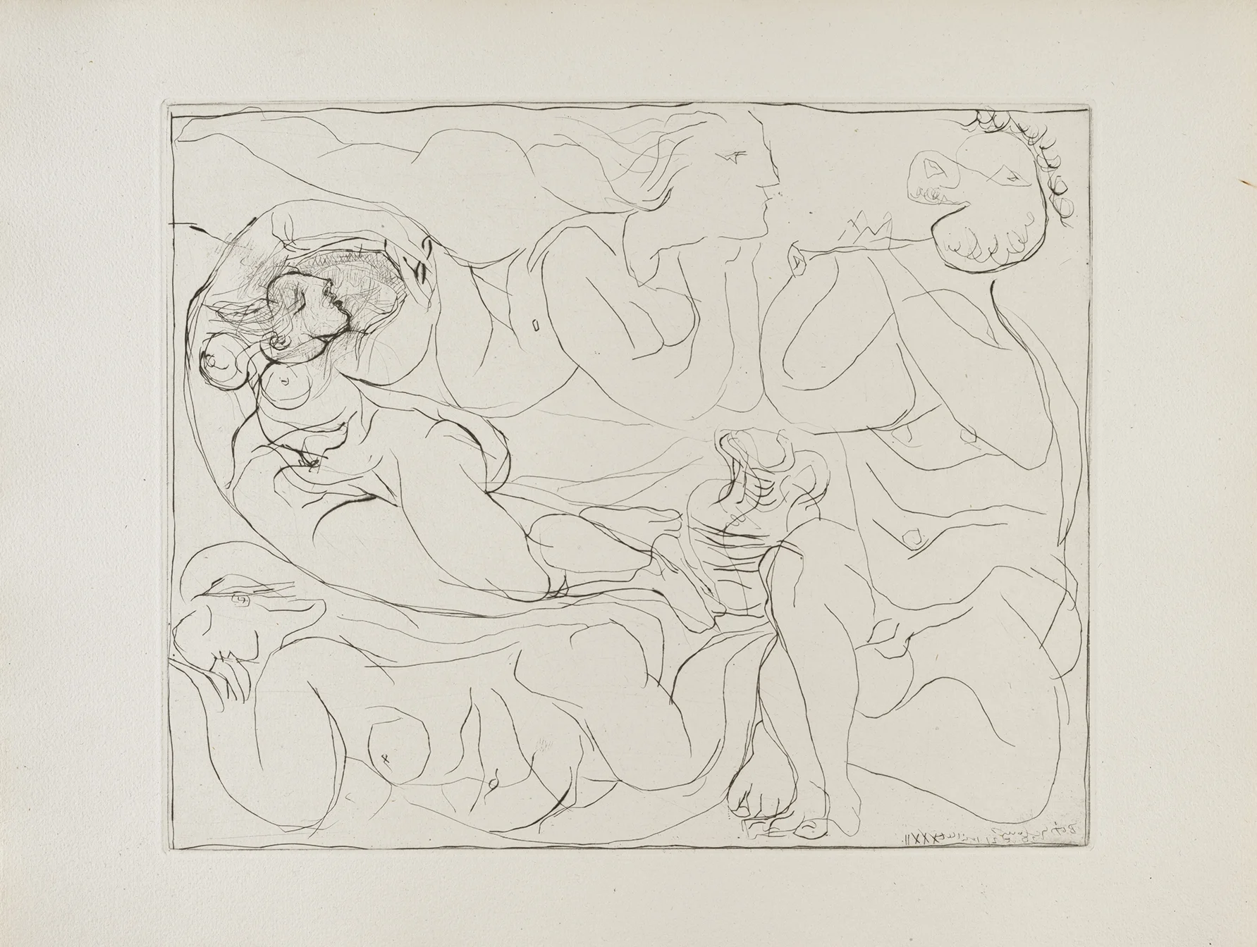 Pablo Picasso (1881-1973) 'Flûtiste et trois Femmes nues' from the 'Suite Vollard' Drypoint and scraper, 1932 Bloch 144; Baer 258 only state, B.c (of B.d); S.V. 11; HP 301 An impression from the edition of 50, also called the deluxe edition or the large margin edition. Inscribed '301' in pencil lower left corner. Watermark: Montgolfier Image size: 29.5 x 36.5 cm (11.6 x 14.4 in) Sheet size: 38.6 x 50.3 cm (15.2 x 19.8 in) £6,500