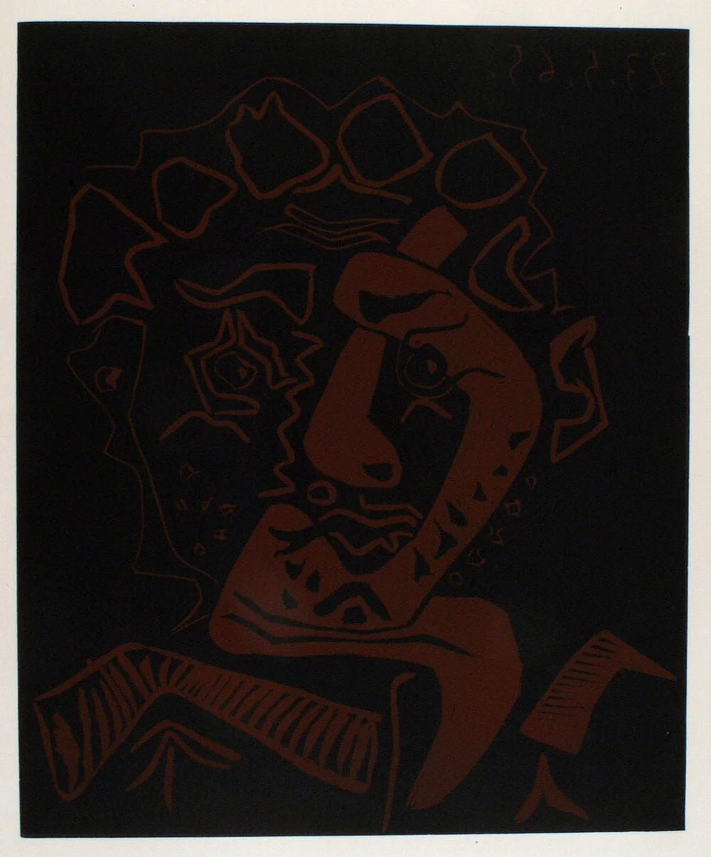 Pablo Picasso (1881-1973) Tête d'Histrion Linocut printed in colours, 1965 Bloch 1849, Baer 1360 only state, A (of B.b.) 'Epreuve d'essai' of the definitive form before the edition of 220, printed by Imprimerie Arnéra and published by Musée des Augustins de Toulouse. Baer records three to four such impressions. Stamped in ink on the verso, "Imprimerie Arnéra Archives / Non Signé". Watermark: Arches Image size: 64.3 x 53 cm (25.3 x 20.9 in) Sheet size: 75.3 x 62 cm (29.6 x 24.4 in) POA