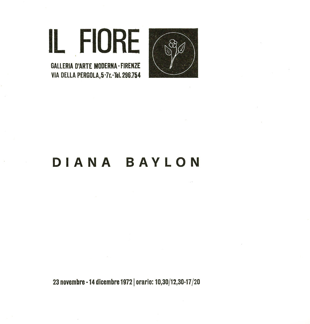 Personale alla galleria Il Fiore , sonorizzazione di Teresa Rampazzi del gruppo NPS-Padova, catalogo a cura di Lara-Vinca Masini