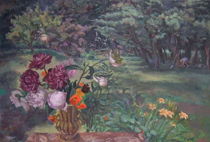 Peonies and Man Digging