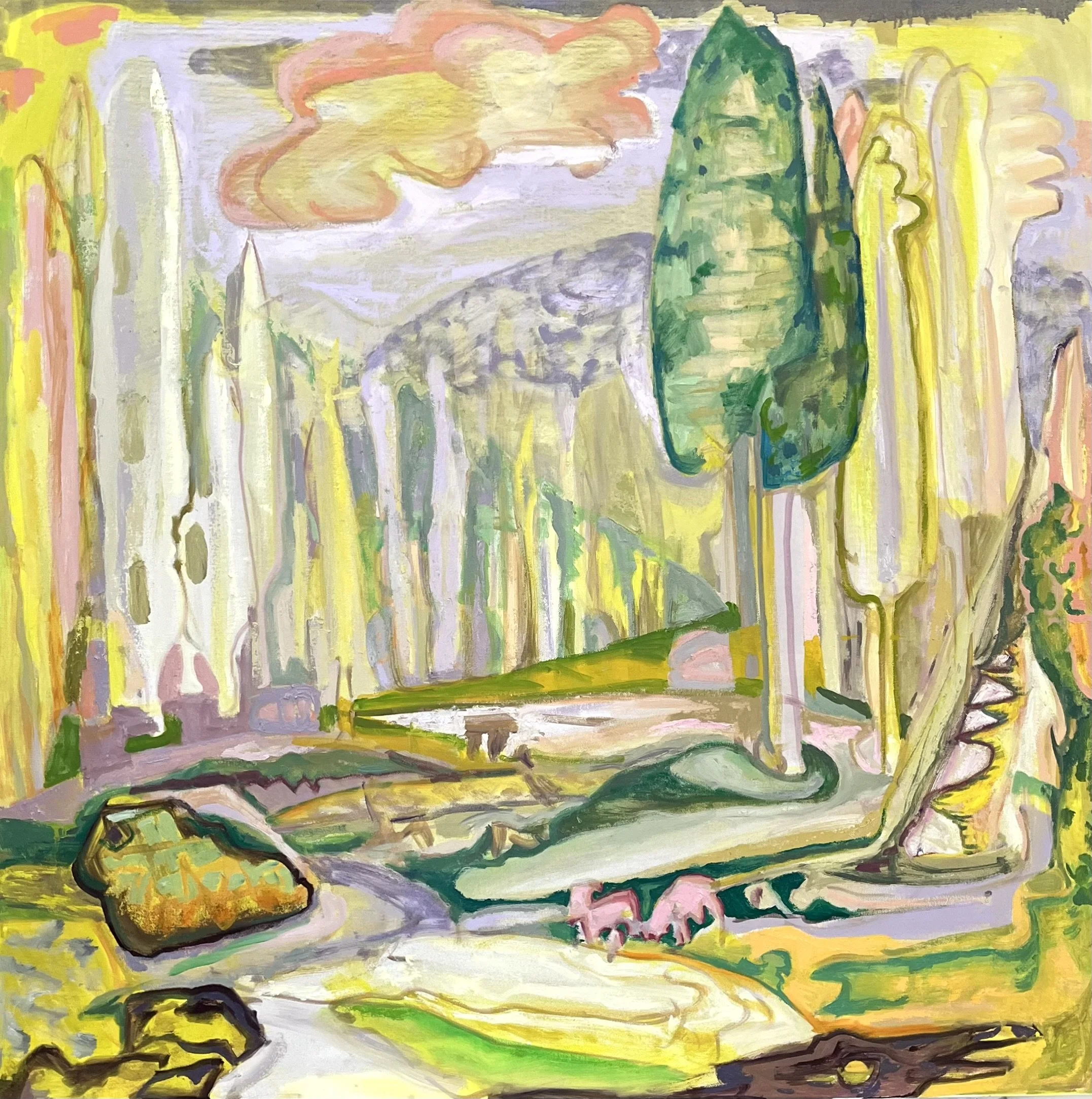 Pigs in Yellow Landscape, 36” x 36”, oil on canas, 2025