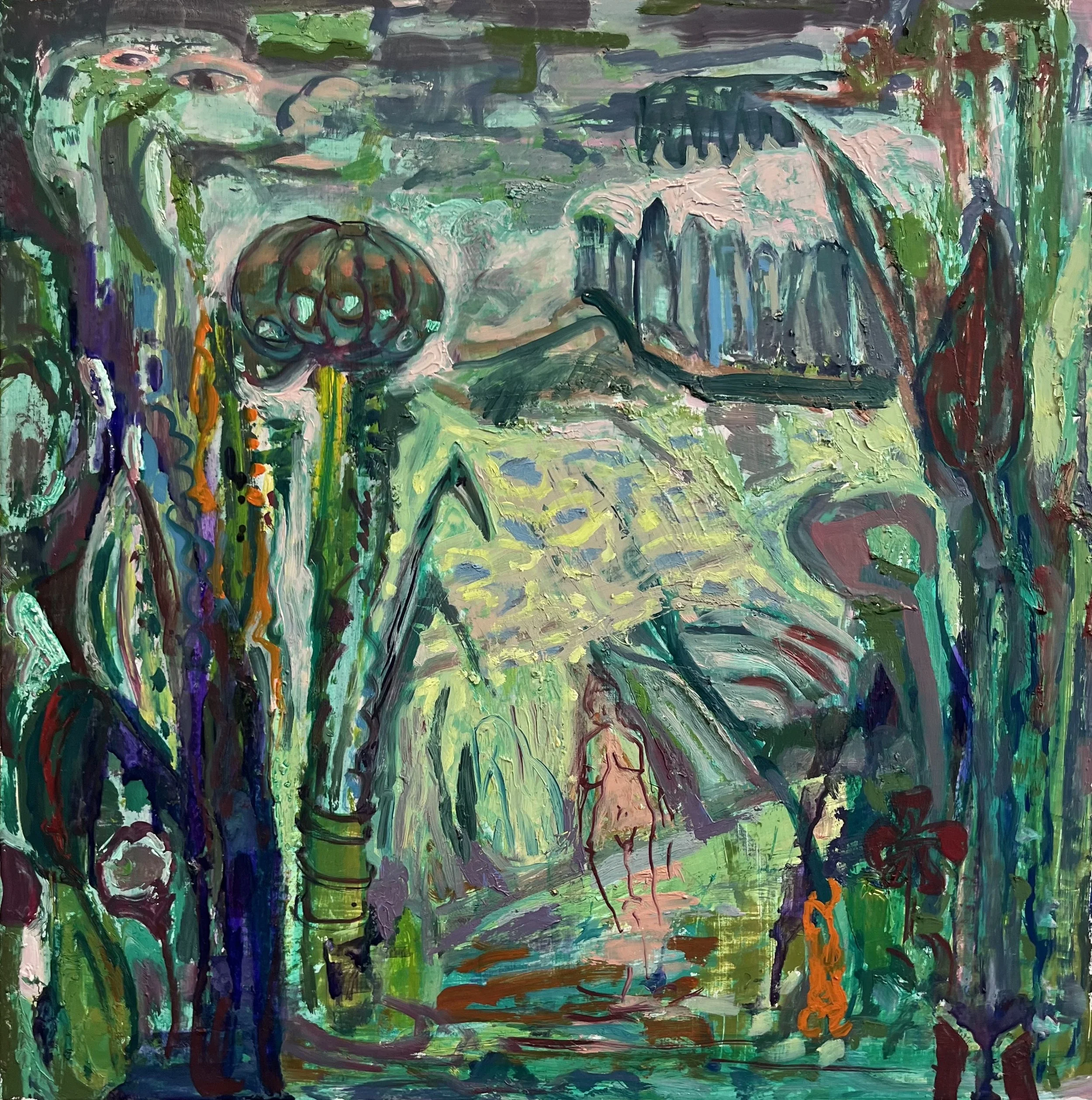 Woman in the Woods, 16” x 16”, oil on wood panel, 2025