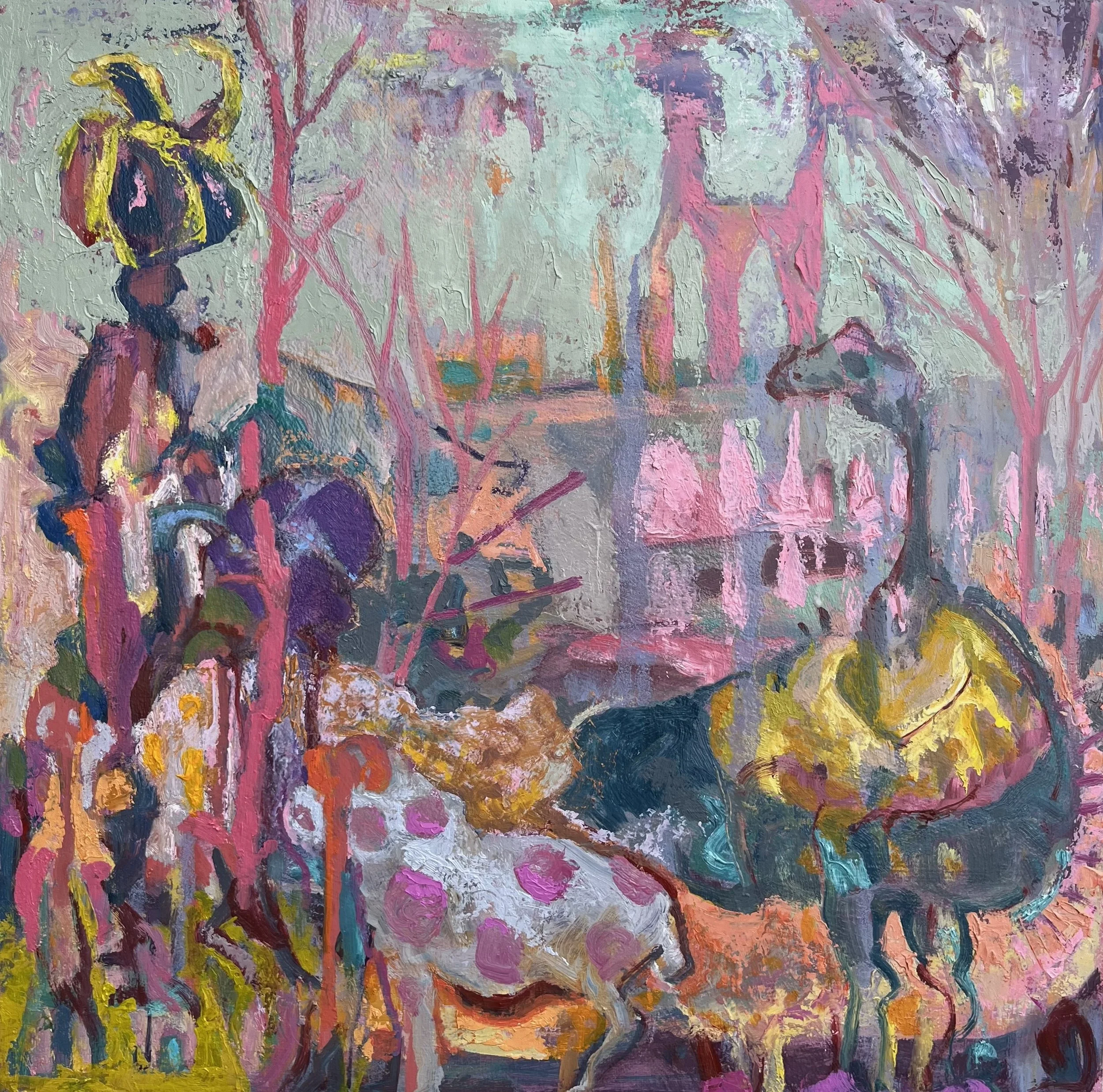 Ostrich and Polkadots, 16” x 16”, oil on canvas, 2025