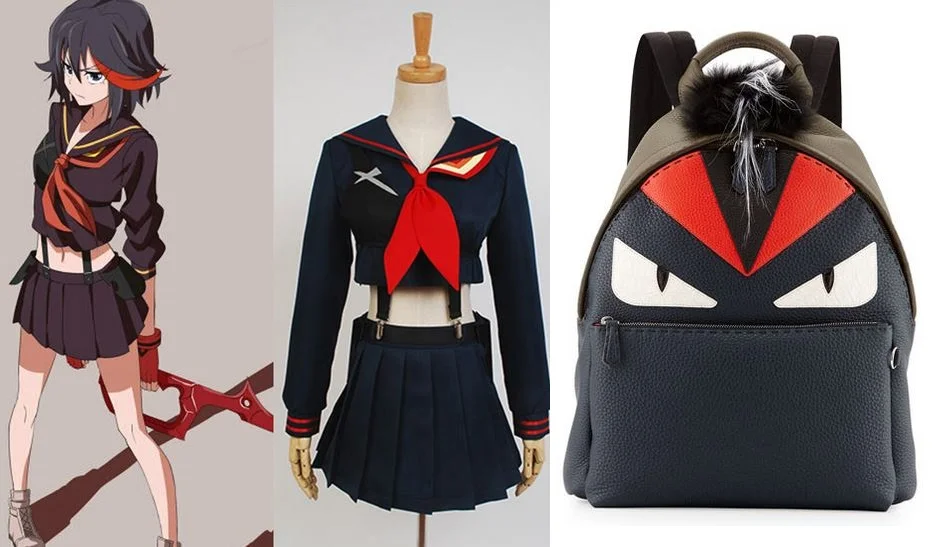 From left to right: Ryuuko, Kill la Kill's protagonist - Cosplay previously for sale on AliExpress - Fendi Monster Bag for sale on their website .