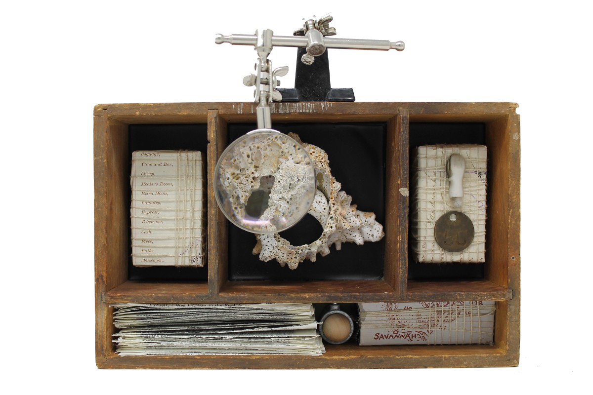Navigating by Starlight Wood, paper, twine, encaustic, metal, shell, ceramic Robin Howard, 2017