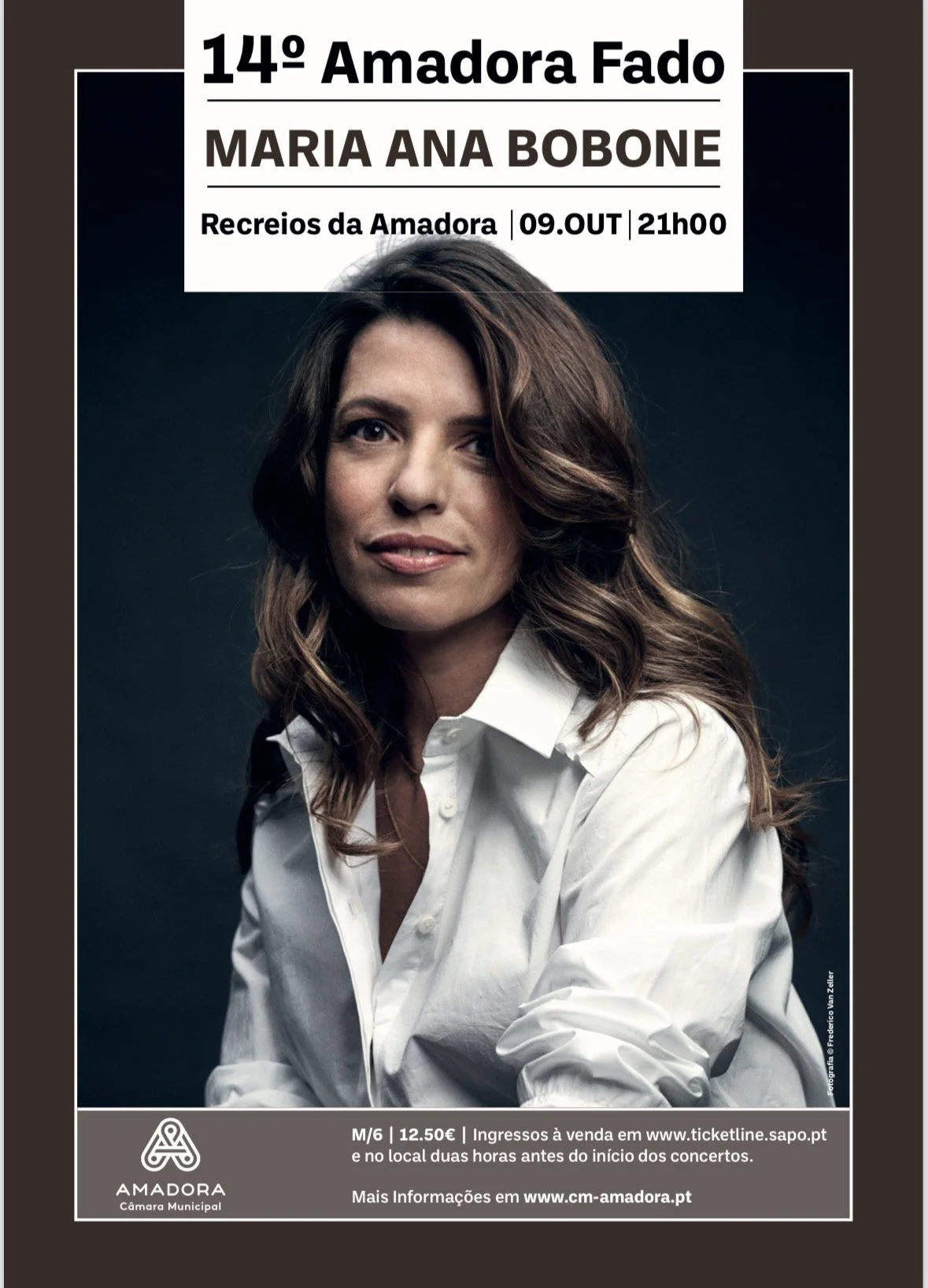 Cartaz do 14.º Amadora Fado: Maria Ana Bobone, 9 de outubro de 2026, às 21h, nos Recreios da Amadora.