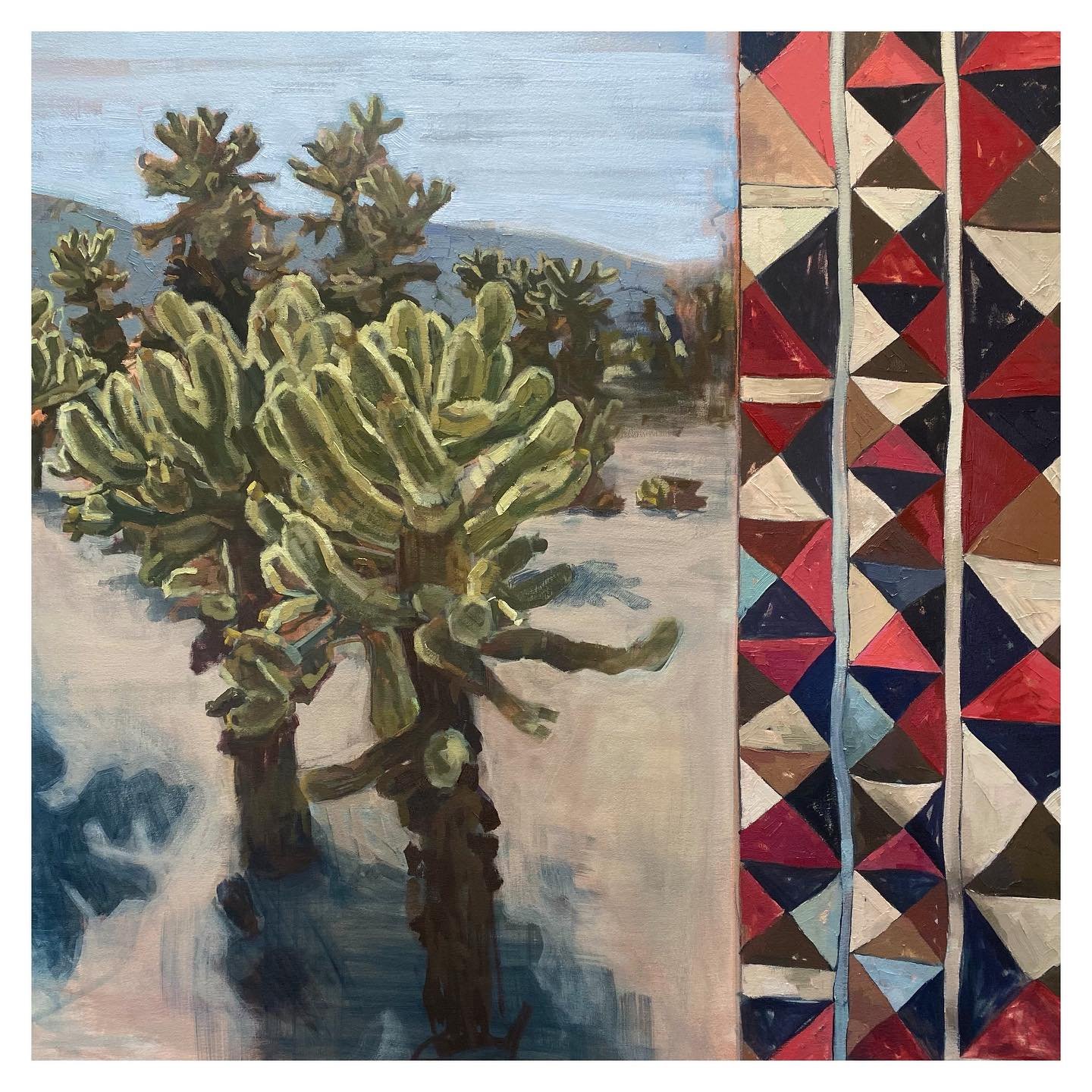 My newest painting &ldquo;The Cactus and The Quilt&rdquo; &bull; 76&rdquo;x 47&rdquo; when stretched&bull; acrylic and oil on canvas &bull; I have been thinking on a series called Memory Stitchers, taking two or more of my memories and laying them si