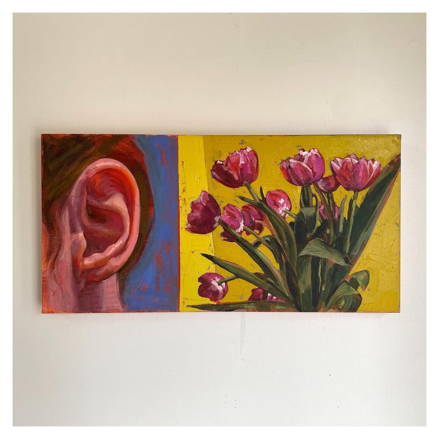 New painting from my Memory Stitching series. I&rsquo;m calling it &ldquo;Tulip Ears&rdquo; &bull;acrylic and oil on canvas &bull; 11&rdquo;x 22&rdquo; 🌷🌷🌷 Ya know when you are talking to someone and the sun starts shining through their ear? And t