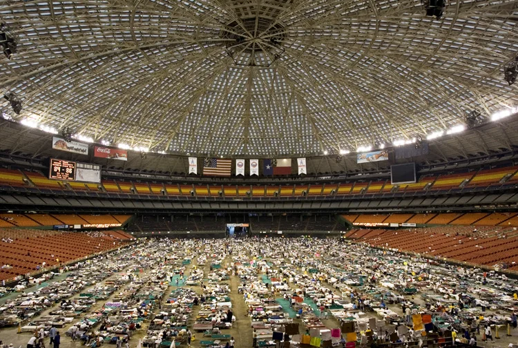  Evacuees fill the Houston Astrodome. Houston, Sunday Sept. 4, 2005. The The Astrodome was used to house over 25 000 evacuees. 
