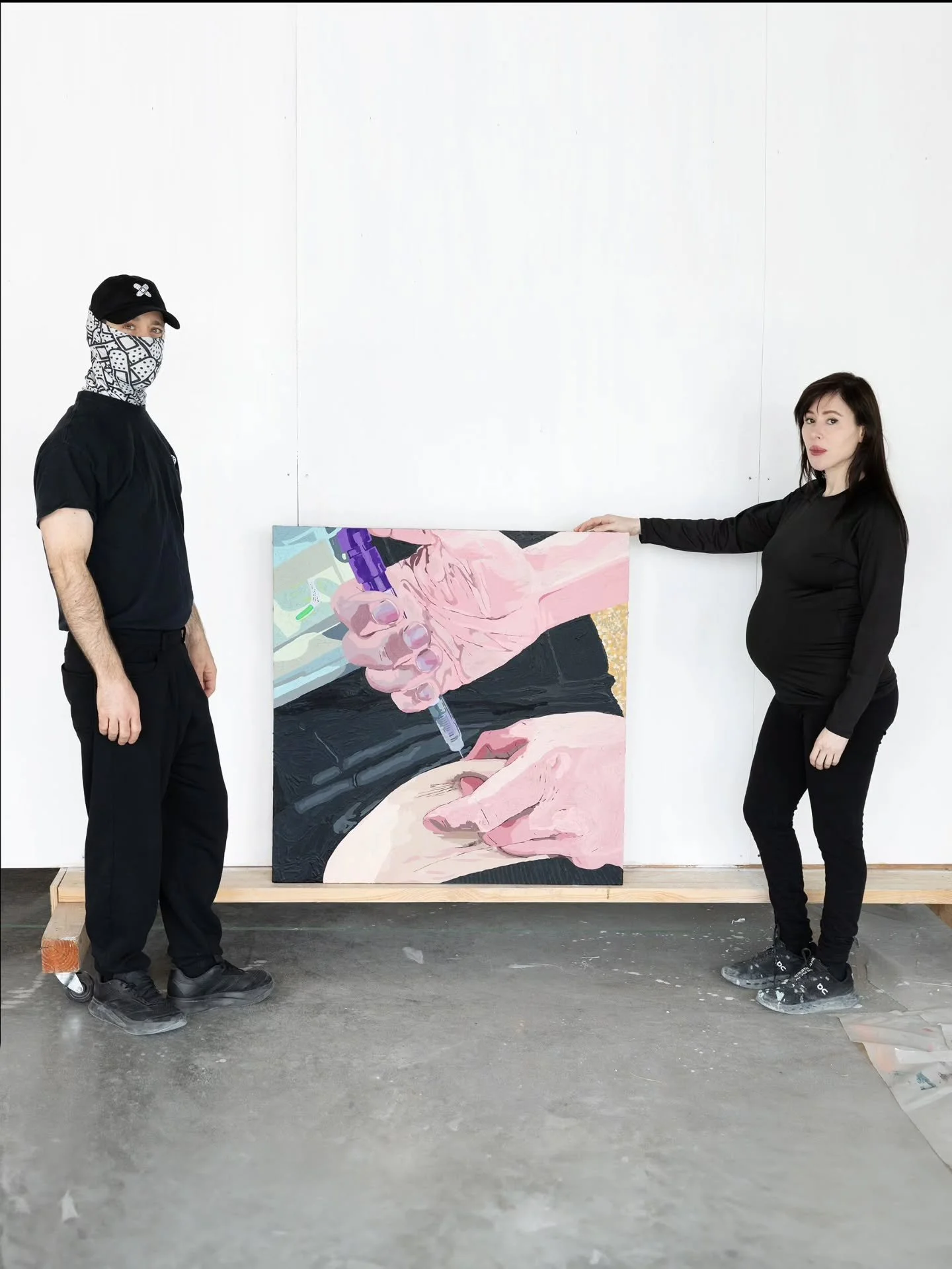 Modern Love

A painting we created as part of a series documenting our fertility journey.
In this piece, we captured a moment of injecting hormones in a parking lot in Jerusalem.
To passersby, we must have looked like two junkies but who cares. When 