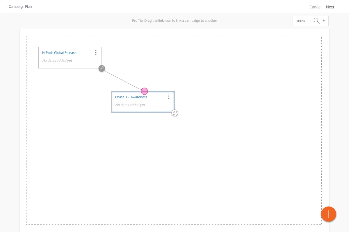 campaigns objects within the canvas can be linked together by dragging the link icon the corner