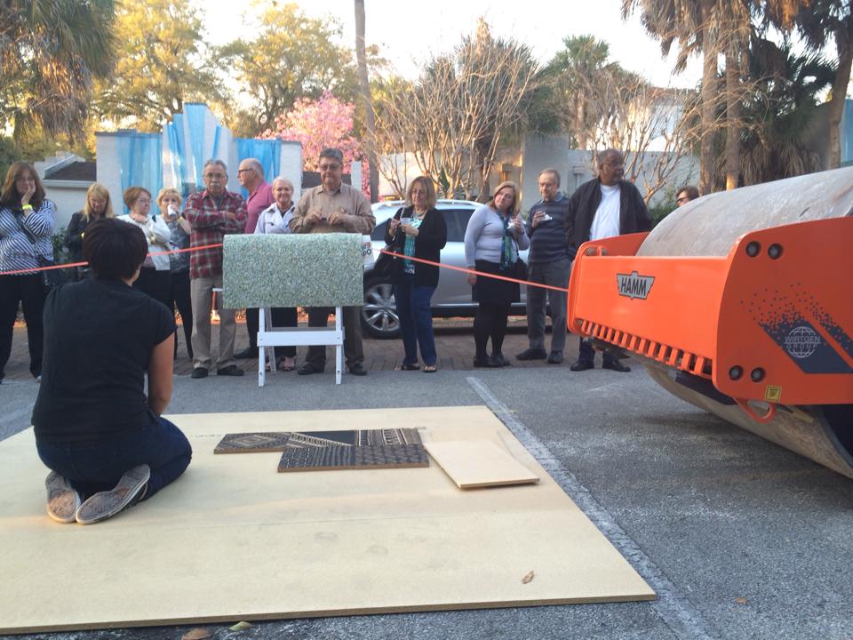 Talking to the audience about steamroller printing while setting up some of my patterned blocks. Photo credit: Art & History Museums-Maitland