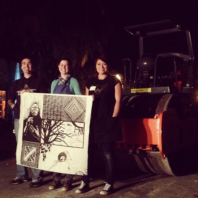 Chris Ware, Whitney Broadaway and me with our collaborative print at the end of the night. Photo credit: Chris Ware