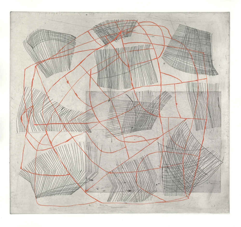 Diana Behl, Maps (a key), line etching with gouache/monoprint, 18x19.5 inches