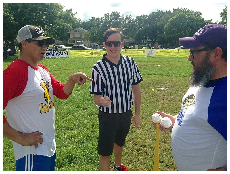 BEER BATTERS CAPTAIN FRANCISCO TABAR & BEAN MONSTERS CAPTAIN GAROLD LaRUE SQUARE OFF FOR THE COIN TOSS.