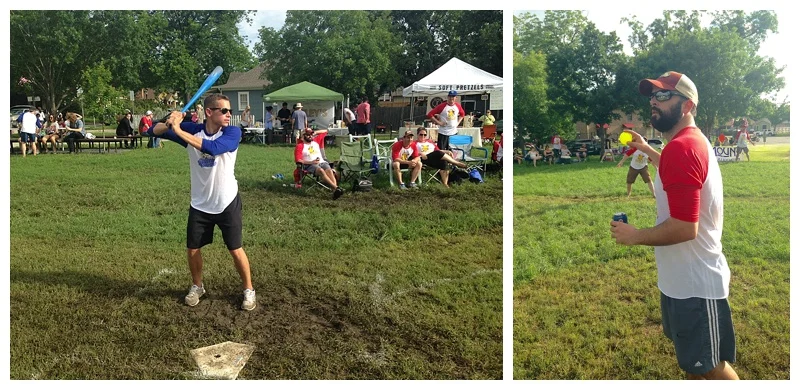 CUVEE COFFEE'S OWN TIM HIBBS PREPARES TO HIT A PITCH FROM THE DOUBLE FISTED REP. RYAN BELL FROM NEW BELGIUM.