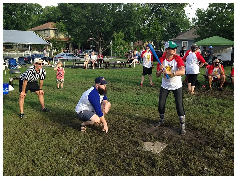 BAILIE DUNCAN OF REAL ALE BREWING SETTLES INTO THE BATTERS BOX TO SHOW THE BEAN MONSTERS WHO'S BOSS! COLTON BEDEN OF BREWED GETS CREATIVE IN HIS THREE POINT FOOTBALL STANCE :)