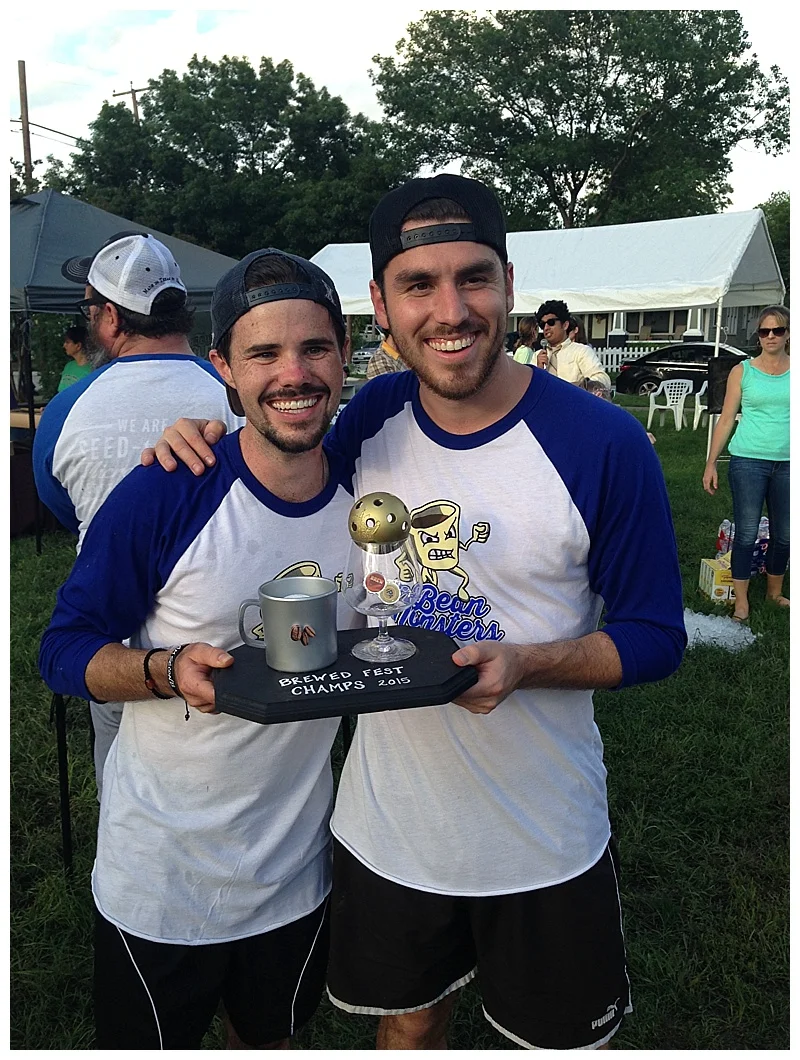 DAVID HAYES & DUSTIN SANDOVAL OF THE COFFEE:EXPERIENCE POSE FOR A VICTORY PHOTO.
