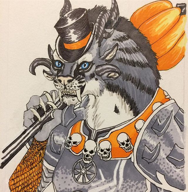 Inktober Day 10, getting into Guild Wars 2 again due to the new expansion and also eagerly awaiting the Halloween event, my Charr is getting festive! #inktober #inktober2017 #october10th #charr #guildwars2 #halloween #bloodlegion #prismacolormarkers