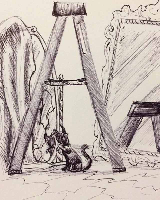Inktober Day 13: Happy Belated Friday the 13th, I drew some unlucky things. #inktober2017 #october13th #fridaythe13th #unlucky #blackcat #brokenmirror #walkunderaladder #steponacrack #superstition #ballpointpen