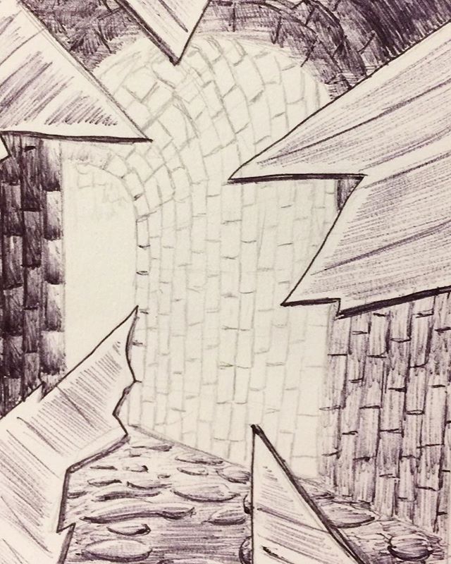Inktober Day 12: Shattered. This idea came from playing too much D&D lol. For some reason you’ve wanted to shatter that mirror for some time now, and were surprised to find a lit passageway behind it. #inktober2017 #october12th #shattered #passageway #adventureawaits #glass #mirror #stone #ballpointpen