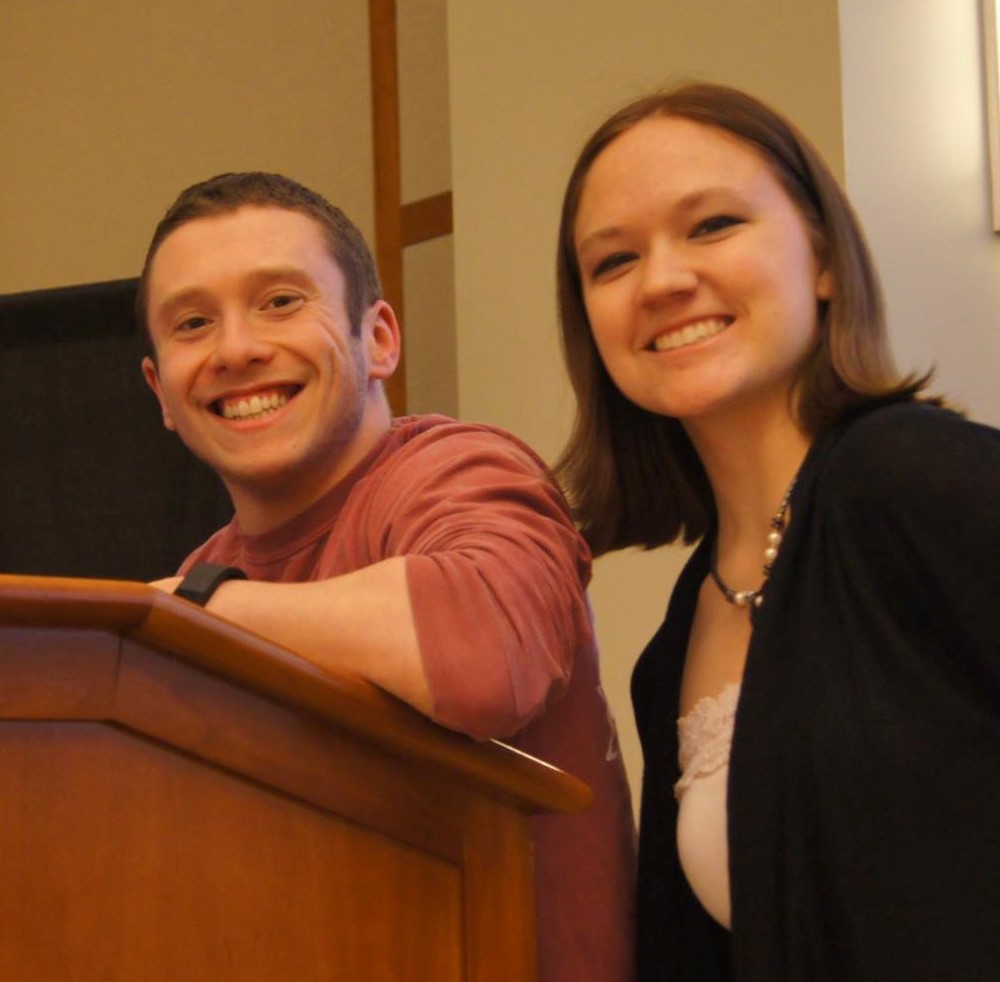 Laura Baker and a Northeastern University student, pictured here presenting at a fundraiser for neglected tropical diseases.