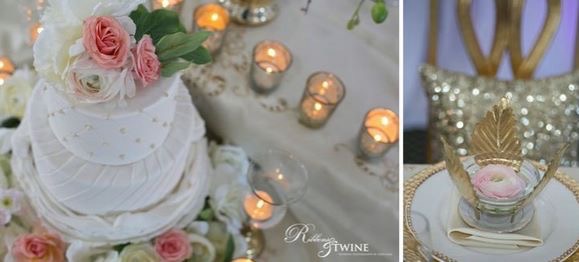 A bowl of Blush Ranunculus - a favor bowl with gold wings to take home.