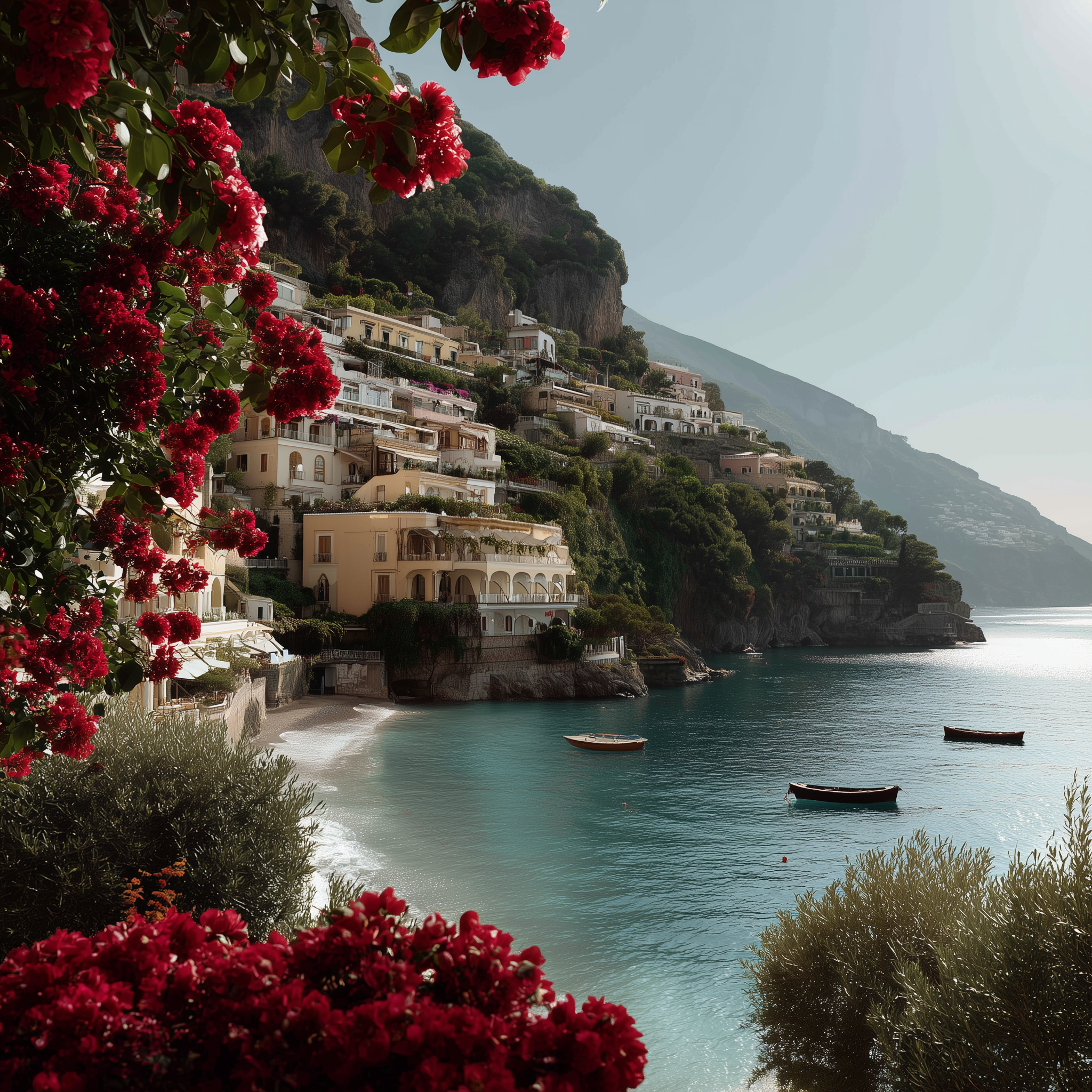 Colorful coastal village with houses on a hillside overlooking the water, with boats floating in the bay and pink flowers in the foreground.
