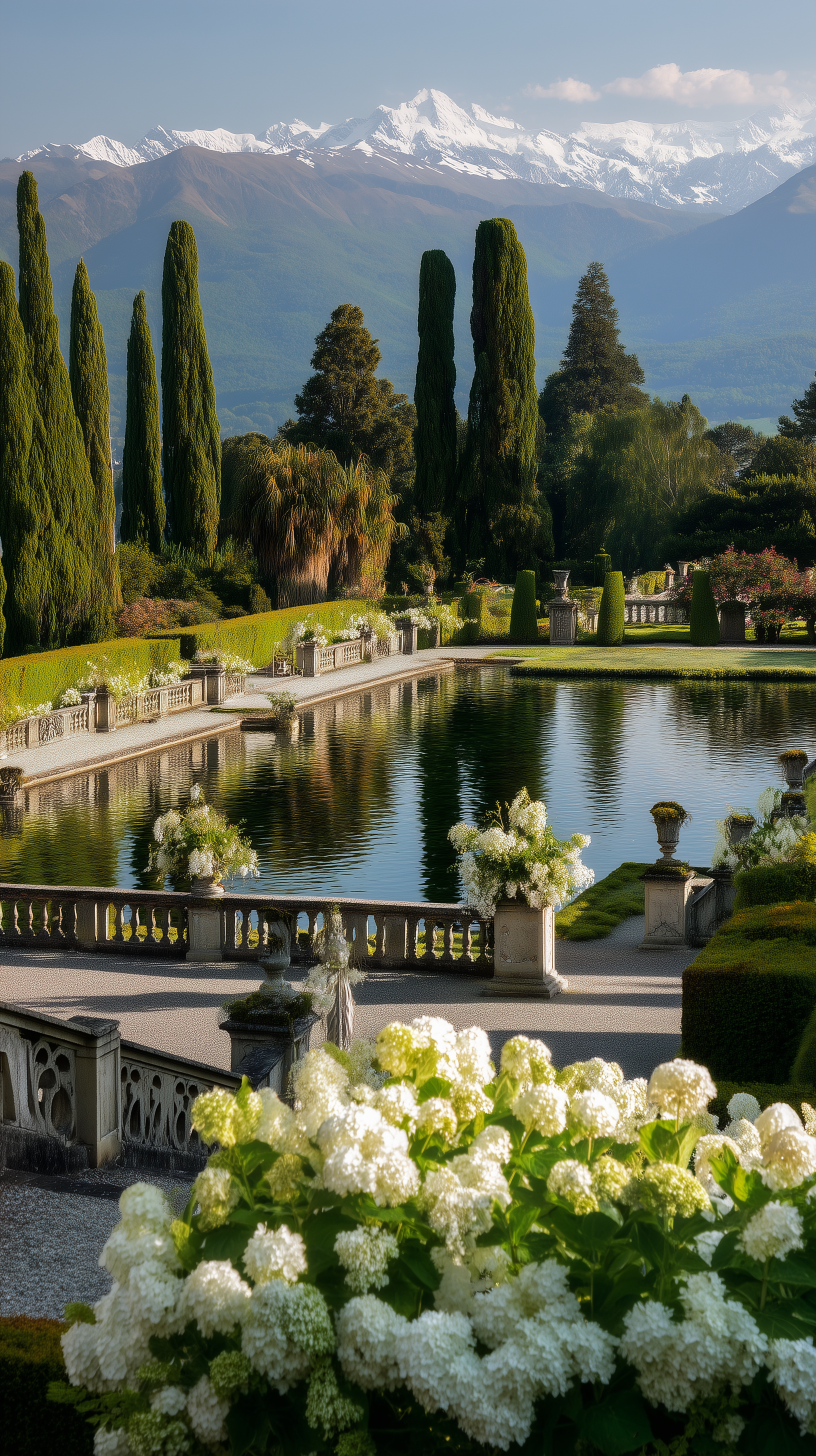 Elegant garden featuring white hydrangeas in the foreground, a large reflecting pool with decorative stone balustrades, tall cypress trees, lush shrubs, and mountain peaks with snow in the background.