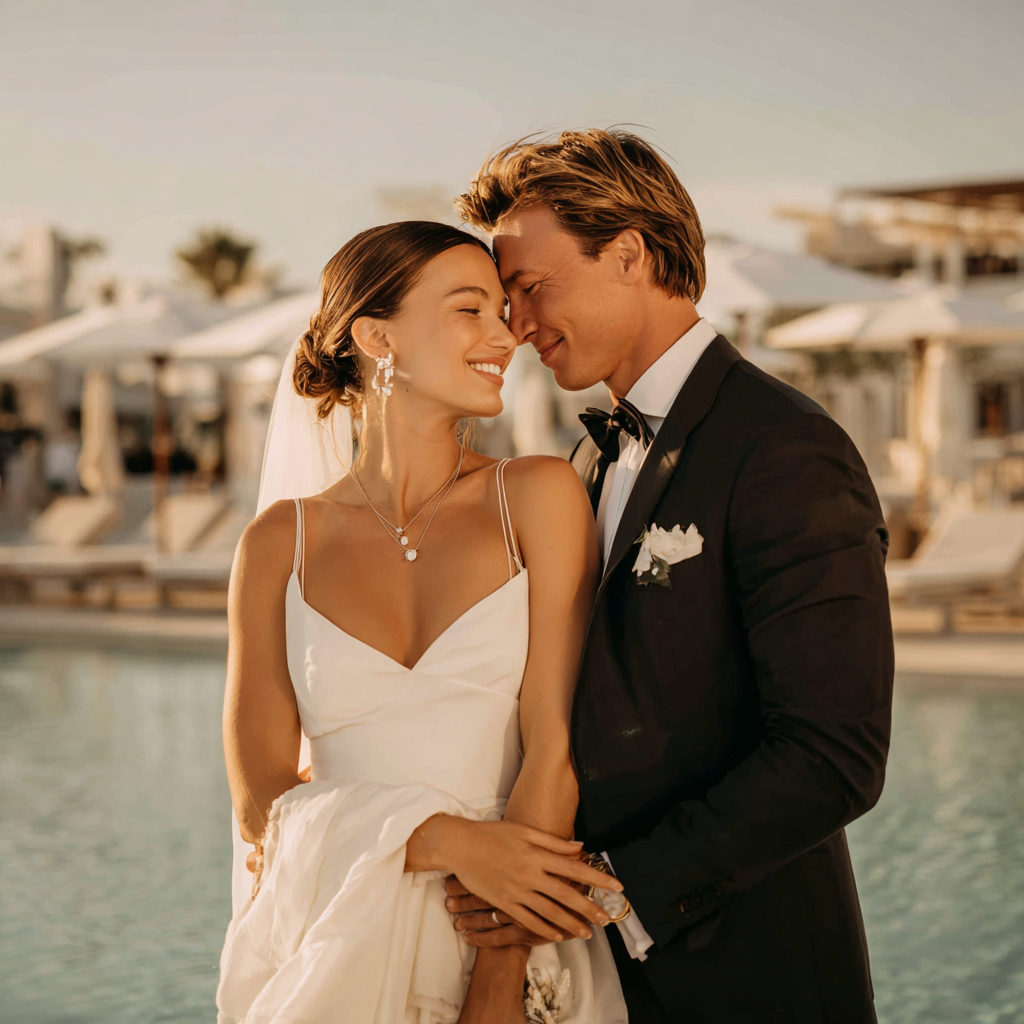 A bride and groom are smiling and touching foreheads at their wedding, with a pool and resort in the background during sunset.