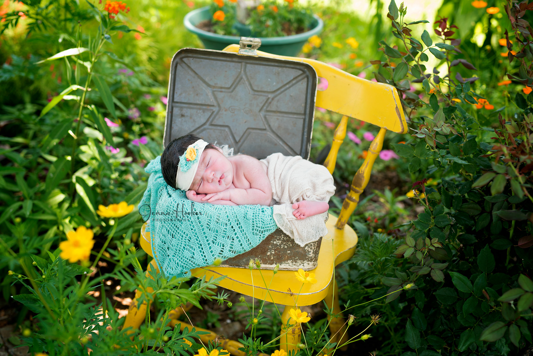 outdoor girl photos flowers and yellow chair