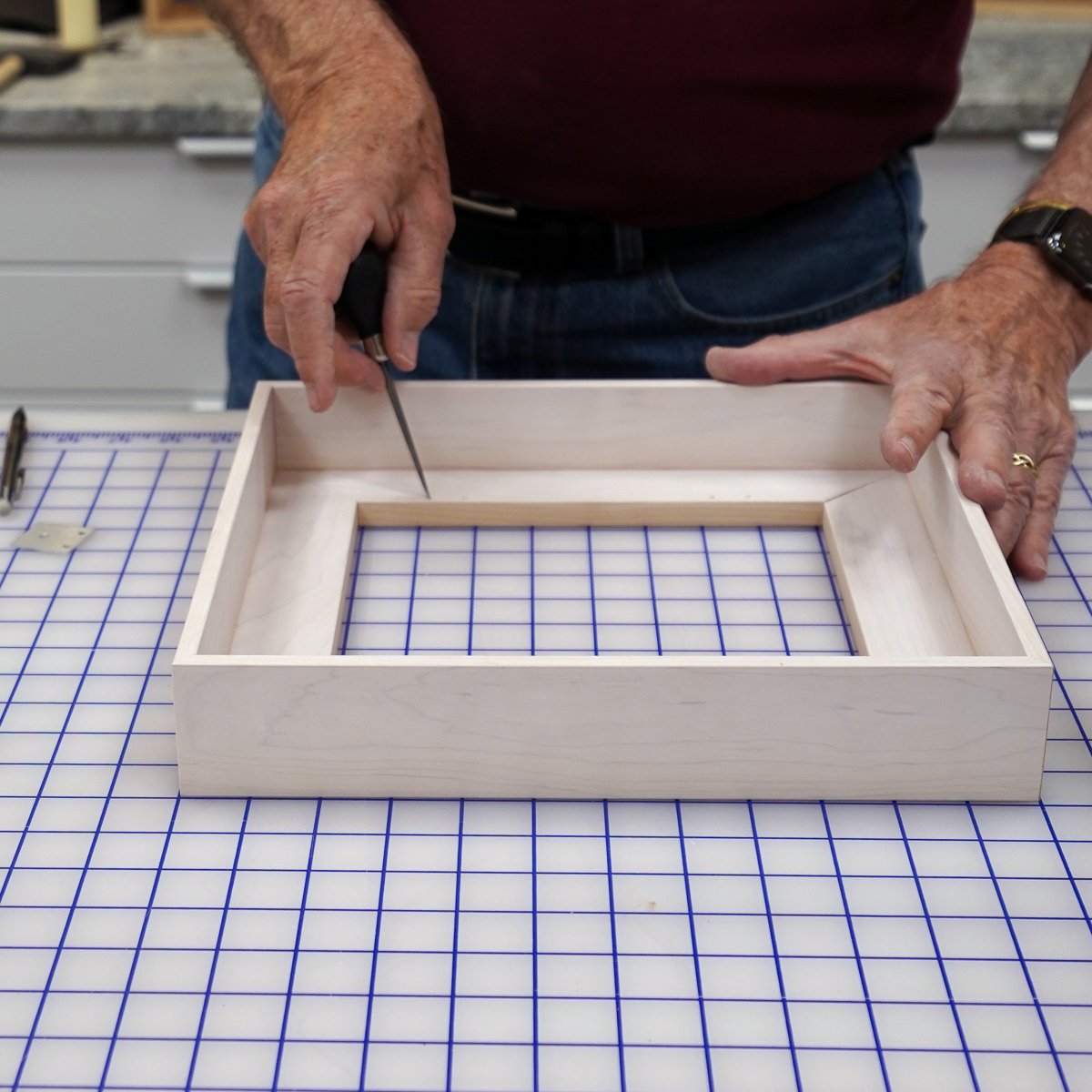  To build up the float-mount effect, I use a number of wooden slats depending on the size of the print. An early challenge was to find the best way to firmly attach the slats to the inside of the frame. I tried a couple of home-made tab designs but e