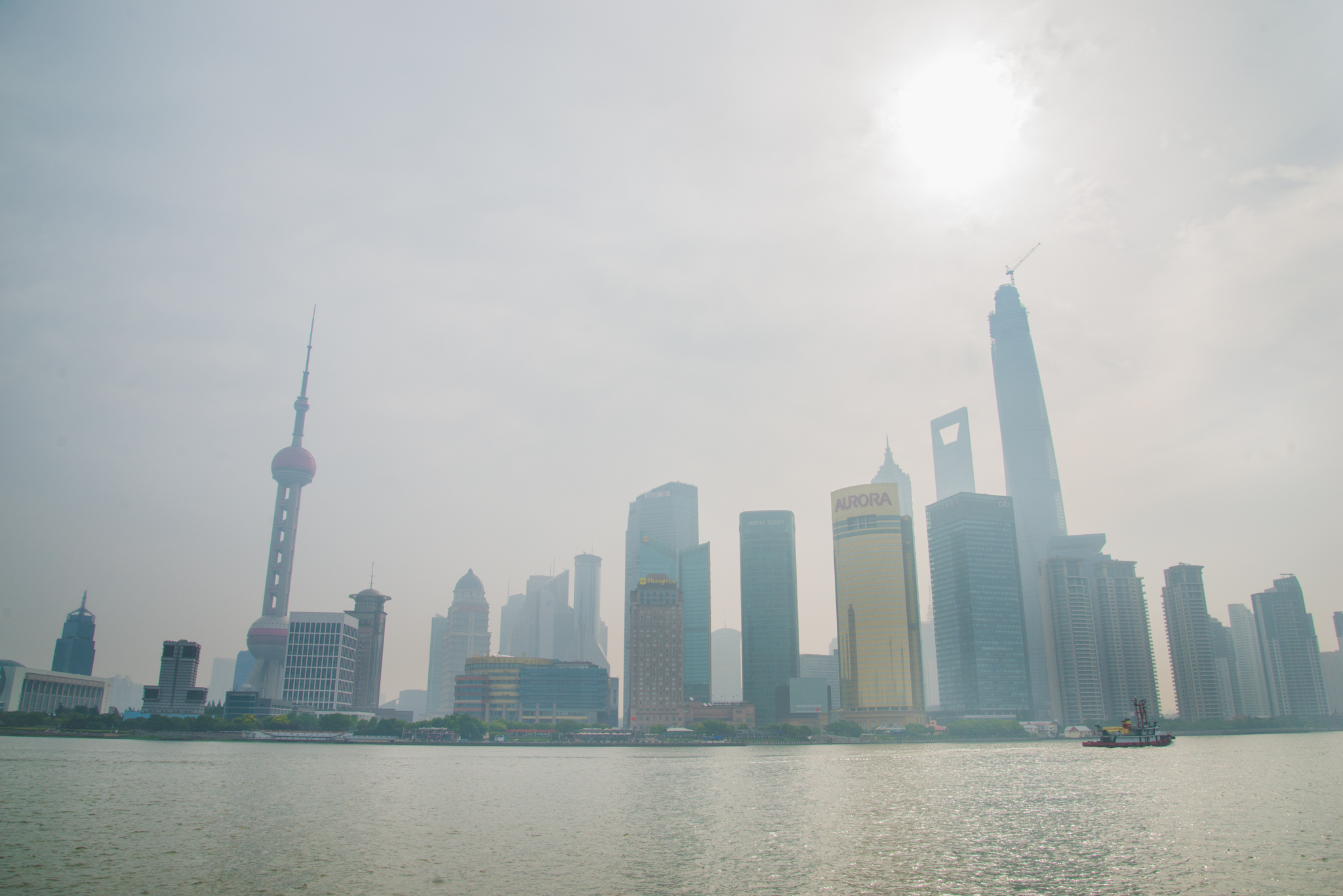 View from the Bund of the Shanghai skyline and the Huangpu River.