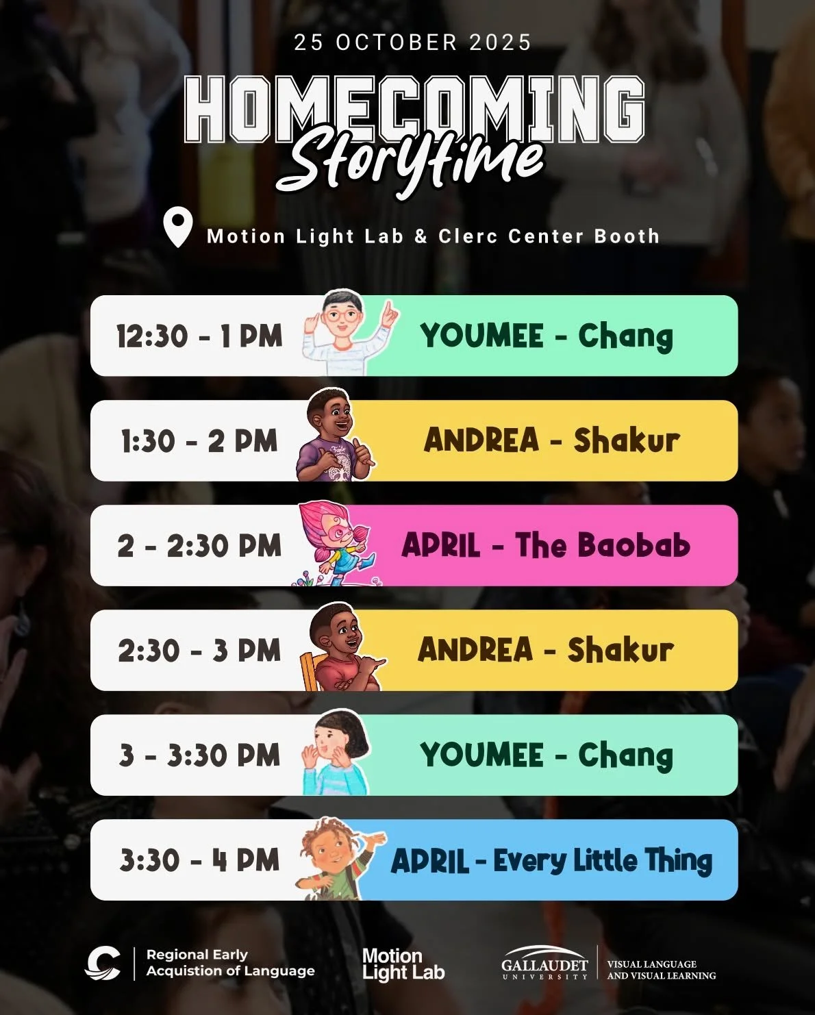 Storytime is here! 📚 Provided by ML2, Clerc Center, and REAL: Meet our featured storytellers and check the schedule, find your favorite story, and visit us under the hot pink canopy tent! 💕

Visual Description in the comments ⬇️