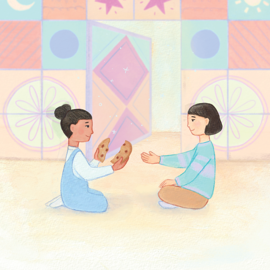  Let's Share! 🍪   Hwa wants to make friends and learns the concept of sharing.