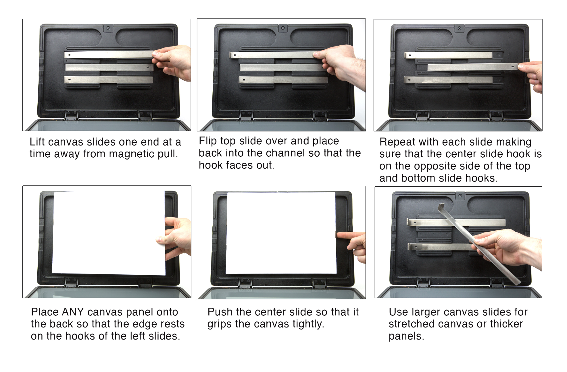 *note: The optional larger Canvas Slides have been upgraded to slides with a more secure 2 teeth grip. The upgraded Canvas Slides will fit inside the PaintBook when lid is closed and slides are turned inward.