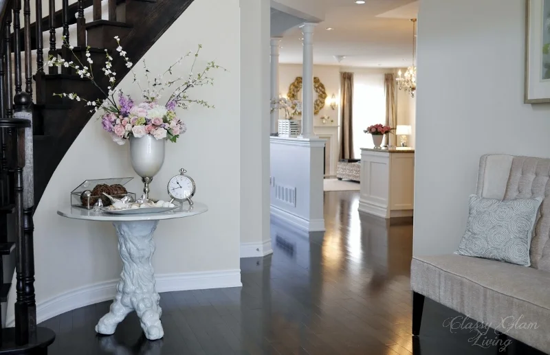 Entryway with hall table and bench .