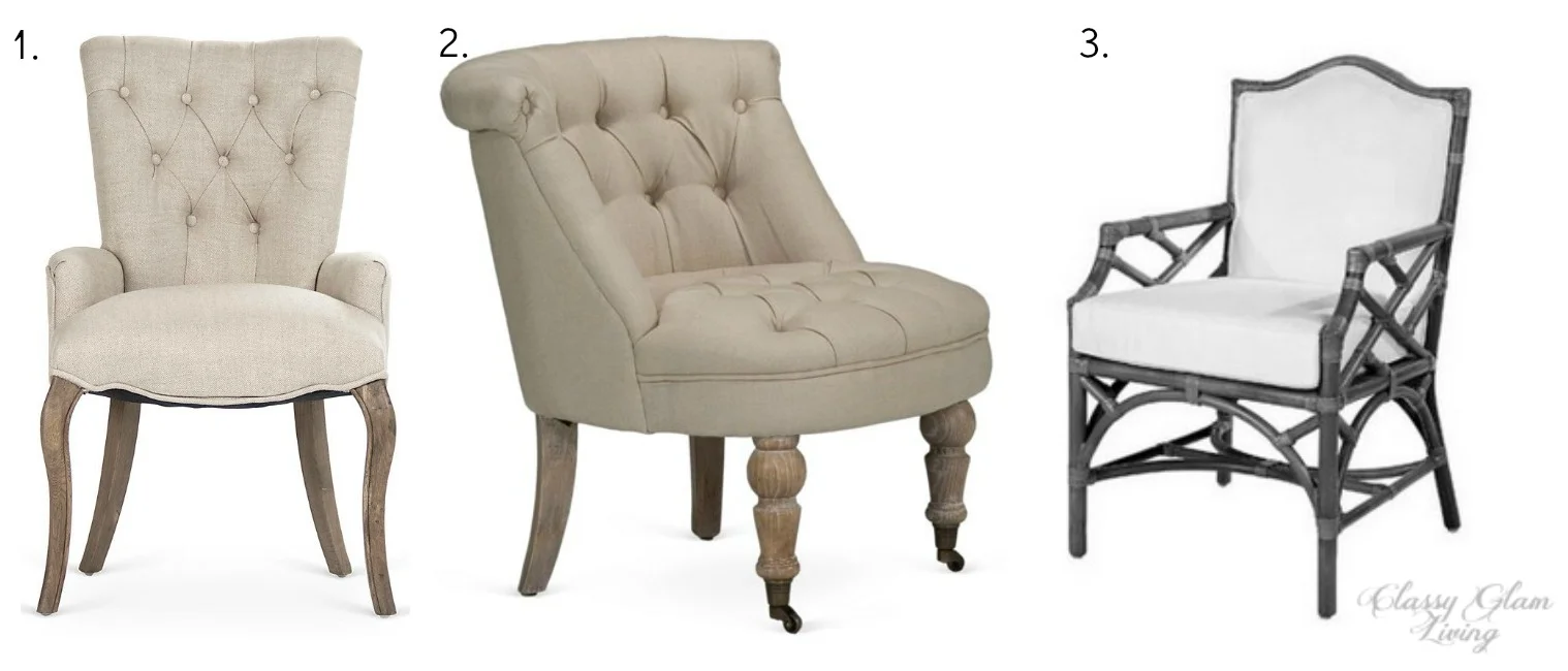 1. Claire Tufted Chair | One Kings Lane ; 2. Olivia Slipper Chair | One Kings Lane ; 3. Faux Bamboo Chair | Maggie G D esigns