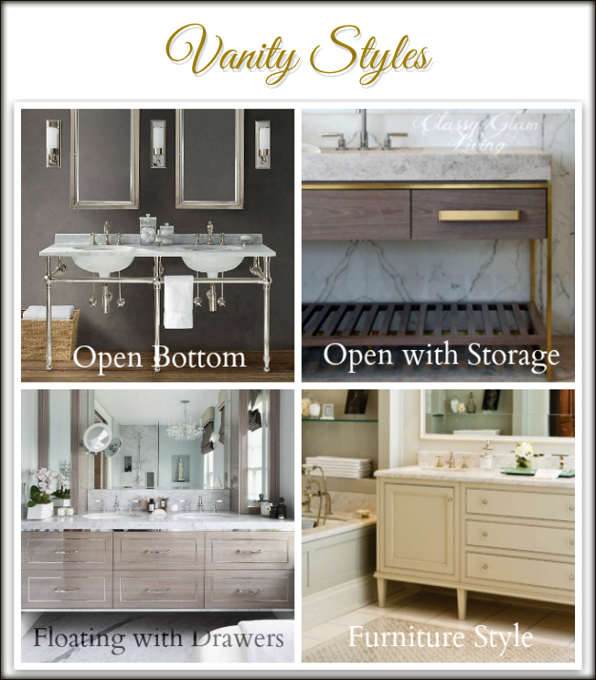 Vanity Styles | Classy Glam Living | clockwise from top right: Belle Vivir , Brian Gluckstein Design; home adore , Restoration Hardware .
