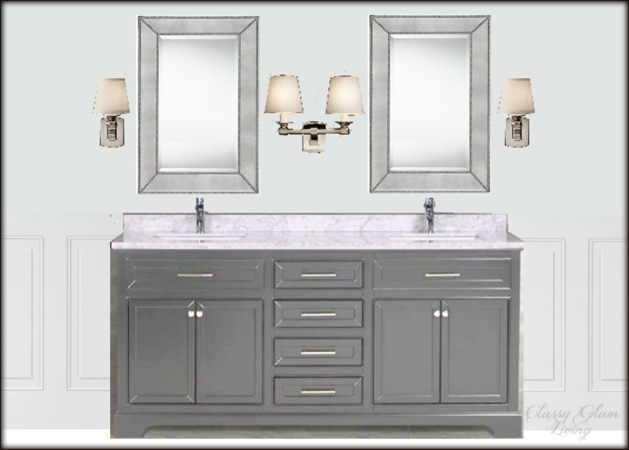 New House Master ensuite design board | vanity view | Classy Glam Living | Sources:&nbsp;Vanity Muti; mirror Home Depot; Single and Double Scounces Restoration Hardware; wall colour Benjamin Moore Marilyn's dress; crop of wainscoting Lowes