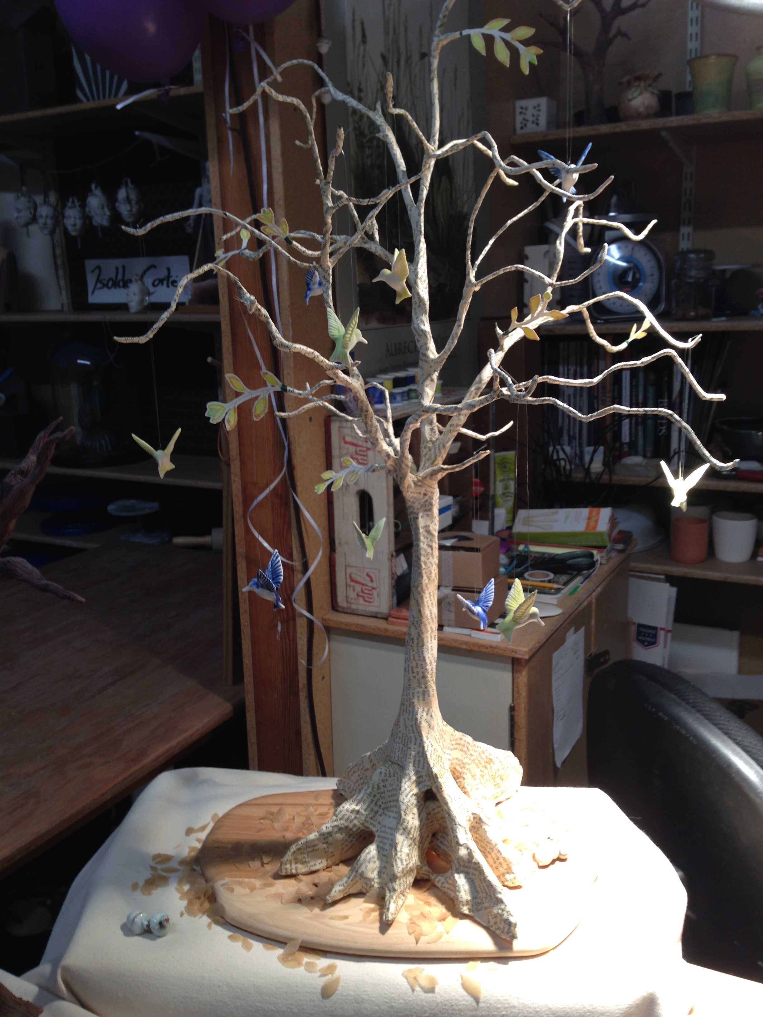 Tree, wire and paper, with porcelain birds