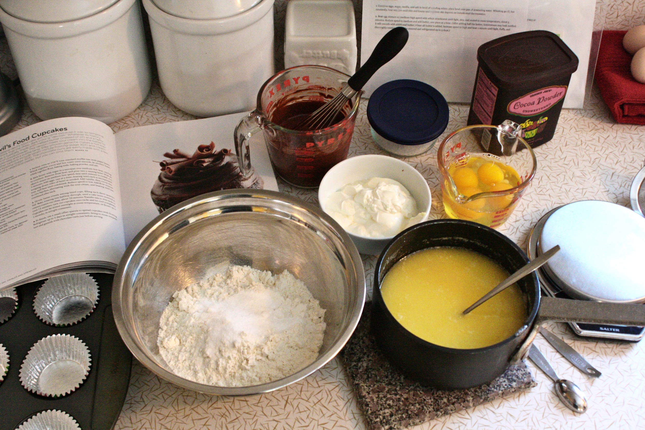 Butter & sugar melted together. Cocoa powder & boiling water whisked. Eggs ready to be added one at a time.