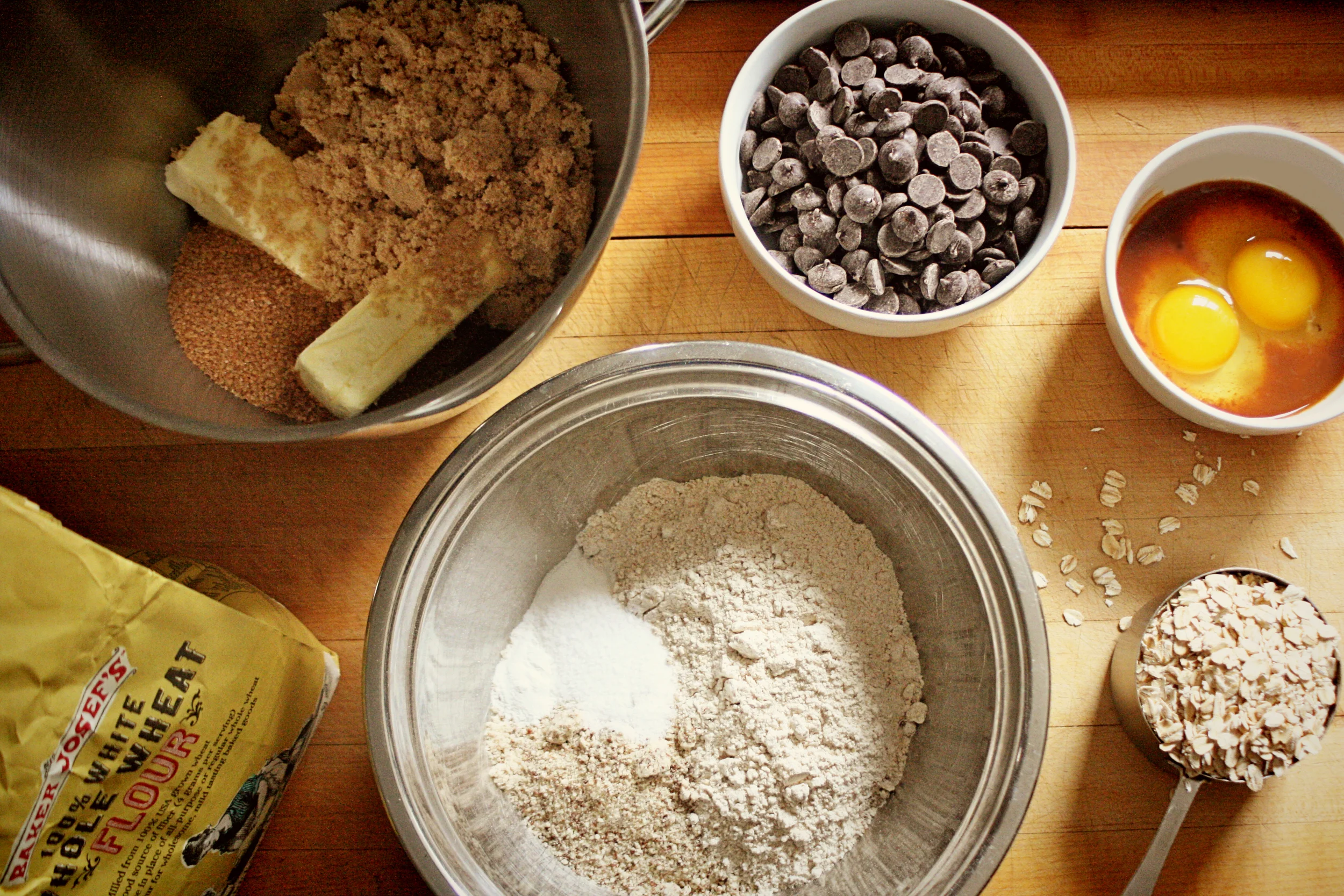 I always use white whole wheat flour, Ghirardelli bittersweet chocolate chips, and add a cup of oats for the "optional add-in".