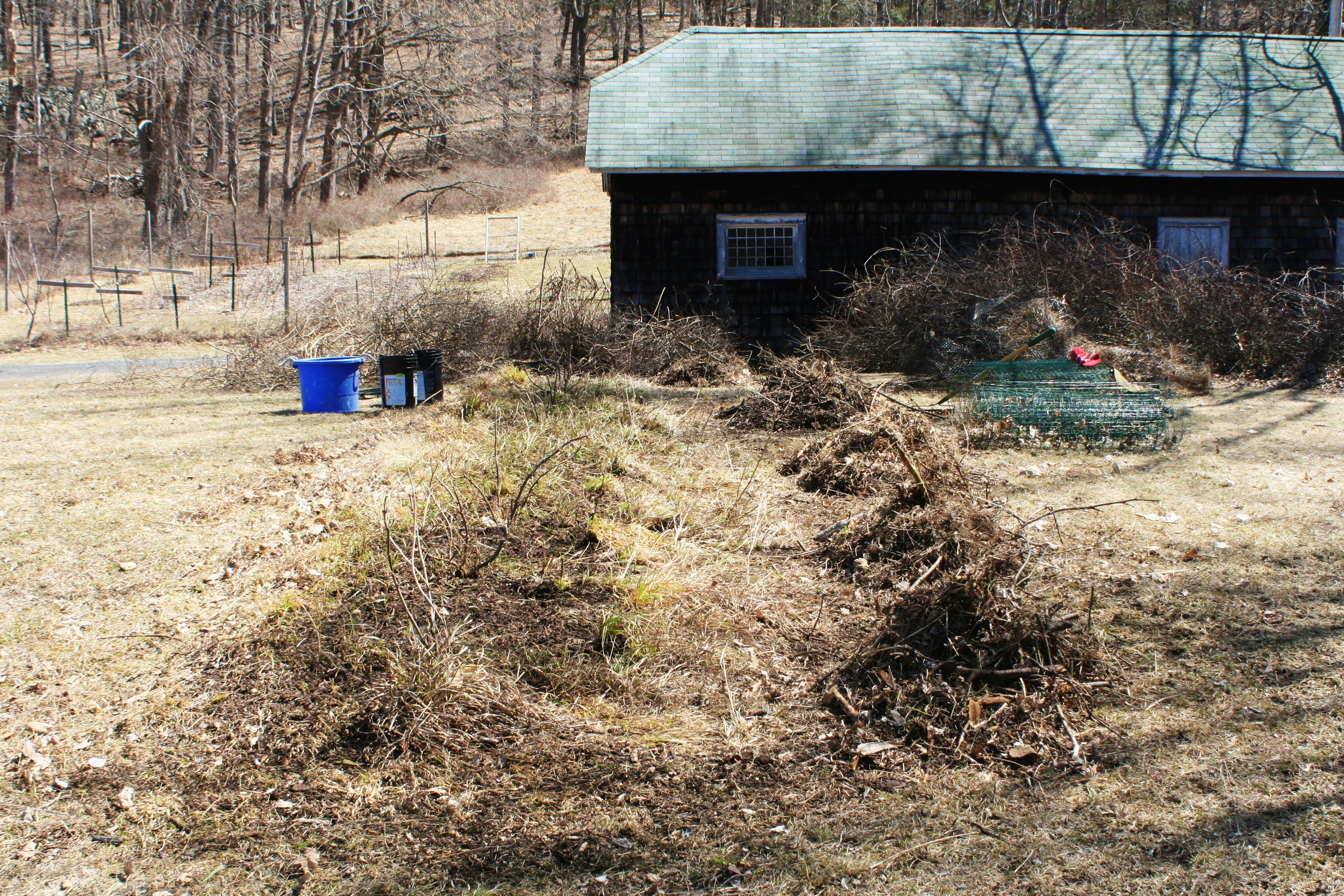 Fencing torn out. Weeds, random wood chunks, and other such nonsense raked out.