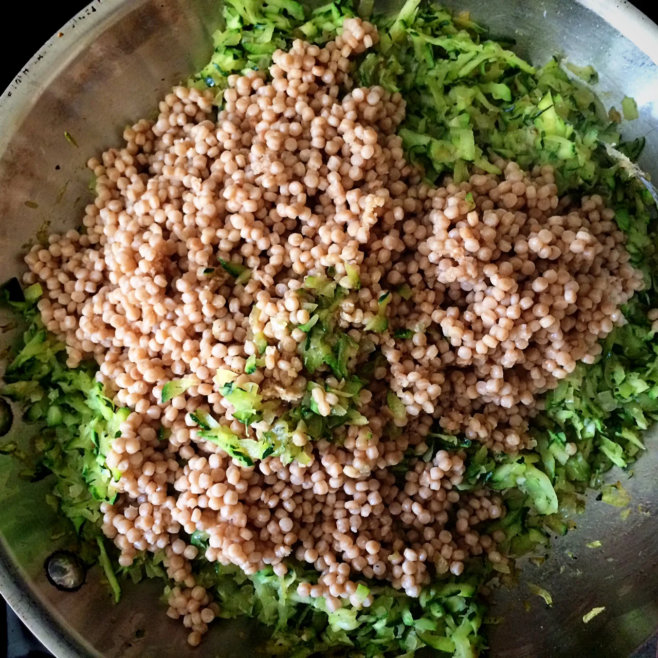 The couscous was pretty clumpy and I worried I had overcooked it and it would be a pasty mess. I added it to the zucchini anyway and hoped for the best.